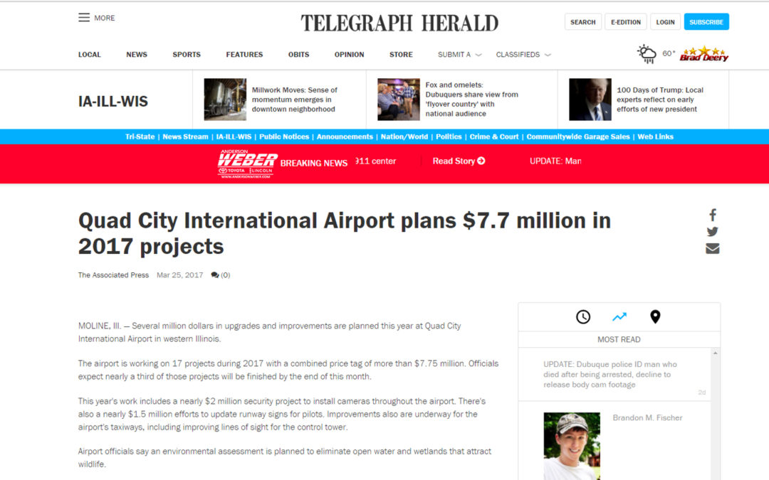 “Telegraph Herald” article, “Quad City International Airport plans $7.7 million in 2017 projects”