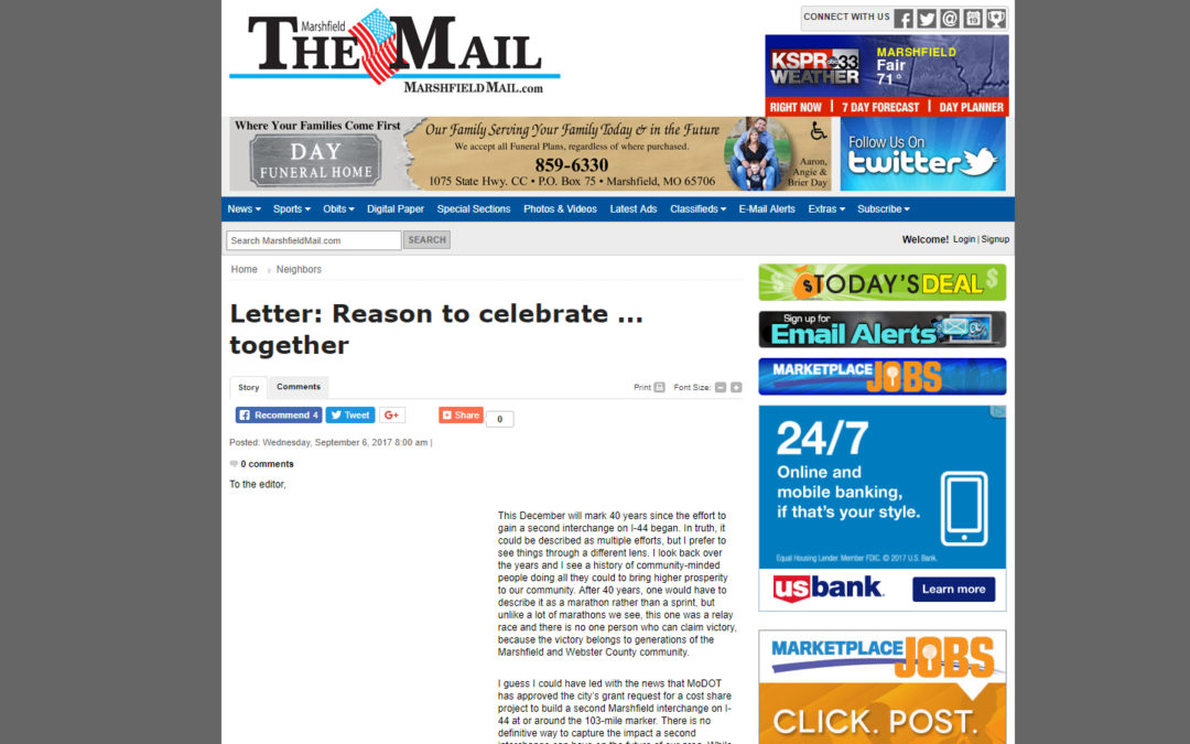 “The Marshfield Mail” article, “Letter: Reason to celebrate … together” by the Mayor