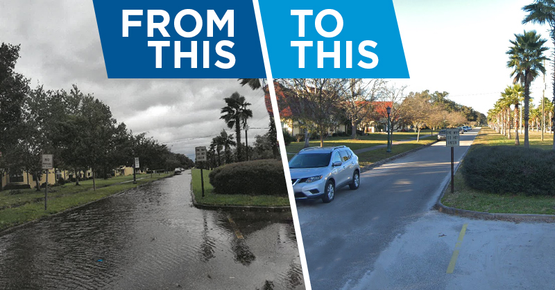 Stormwater Comparison of flooded street and clear street